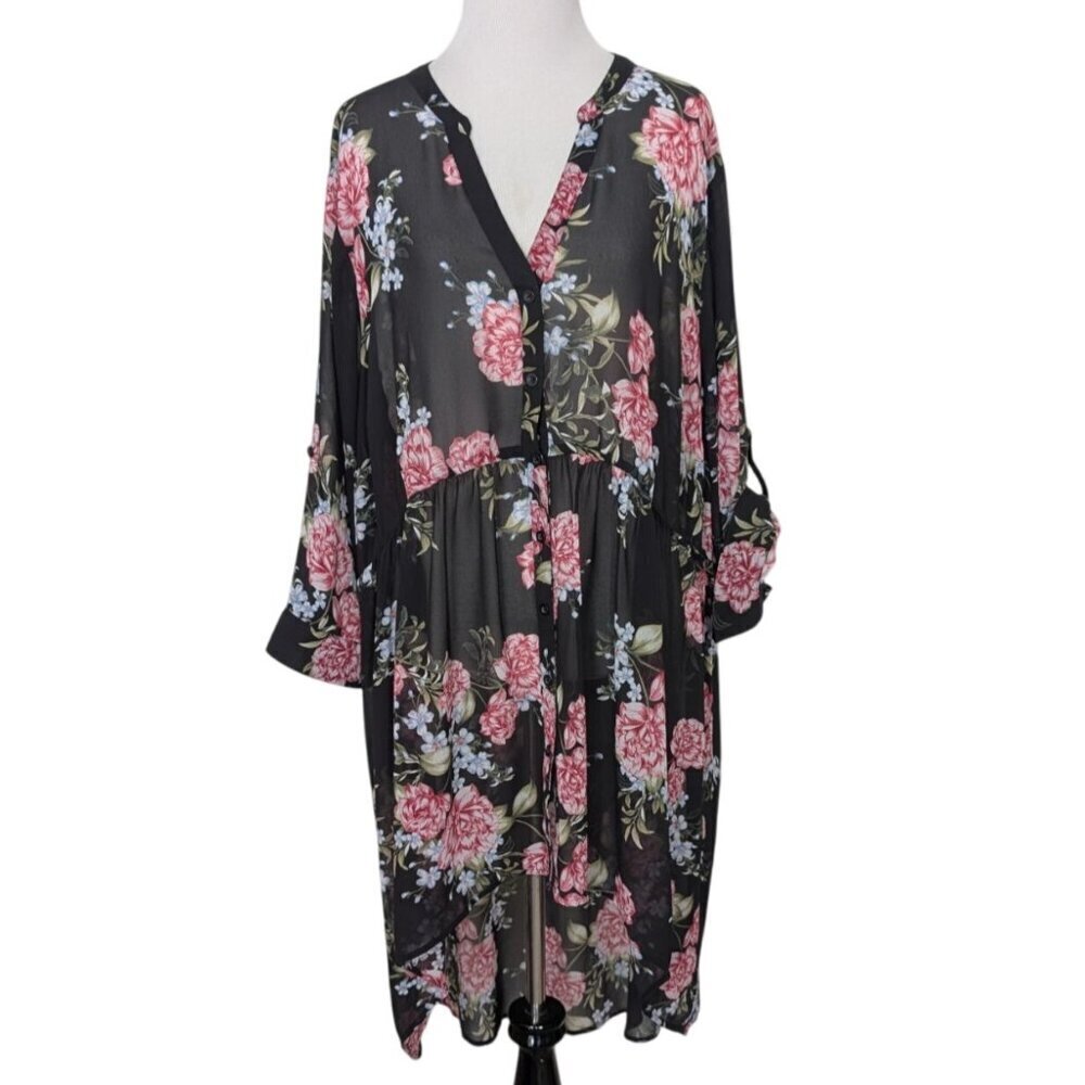 Torrid Floral Sheer Tunic Womens Size 3X Black Hi Low Button Front V Neck Shirt